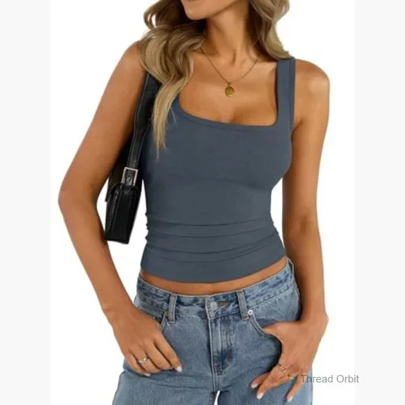 Ribbed Cotton Tank Top Square Neck Fitted Summer Cami Thin Straps - Picture 5 of 7